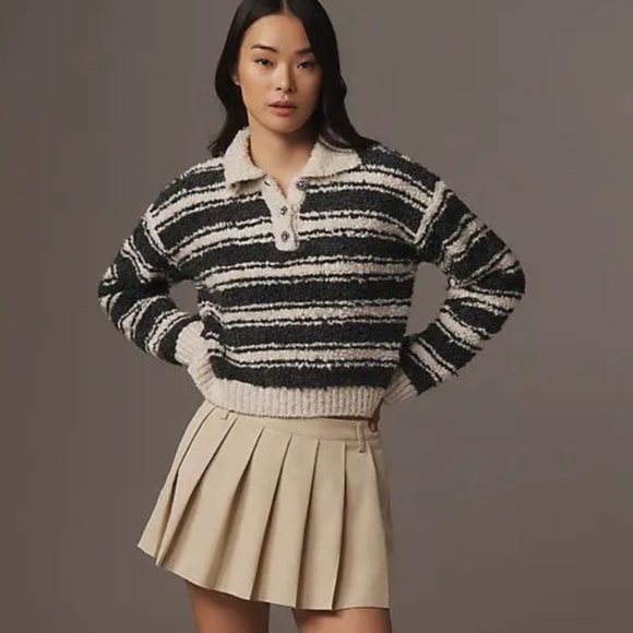MAEVE by Anthropologie Striped Polo Sweater Grey/Cream Size Small - Picture 2 of 10